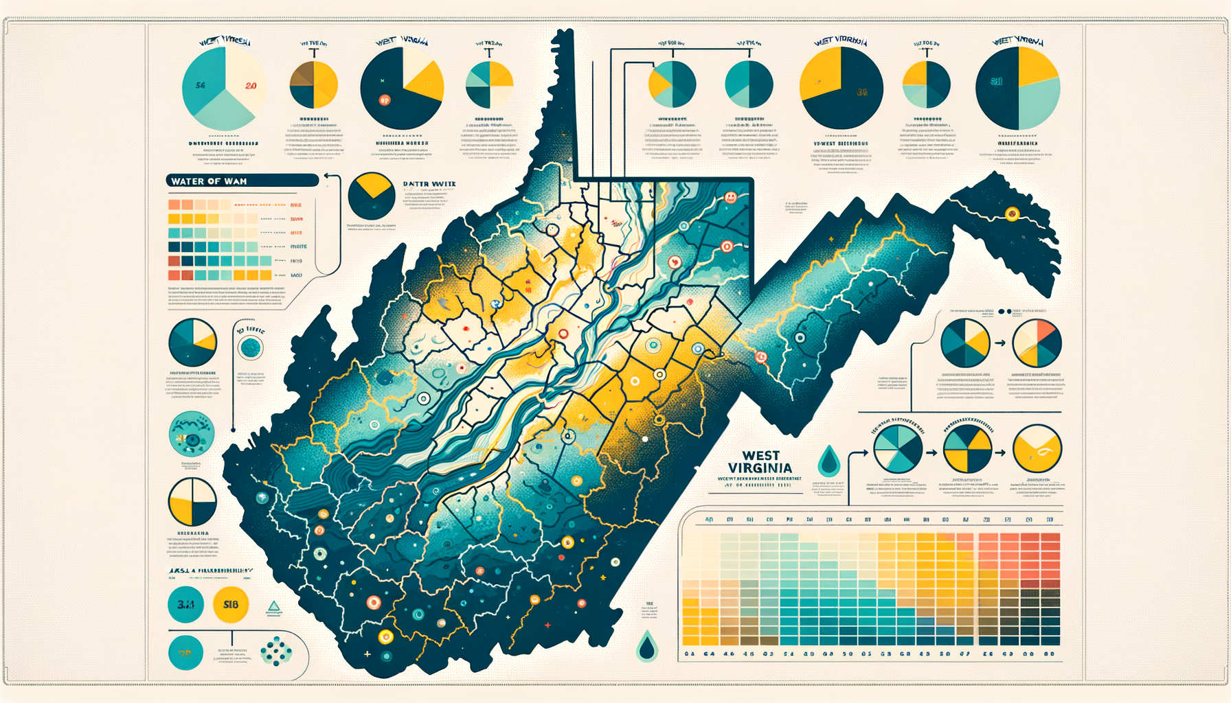 A clean, modern, text-free infographic map of West Virgina, highlighting major water sources and regions with water quality concerns. No text overlays.