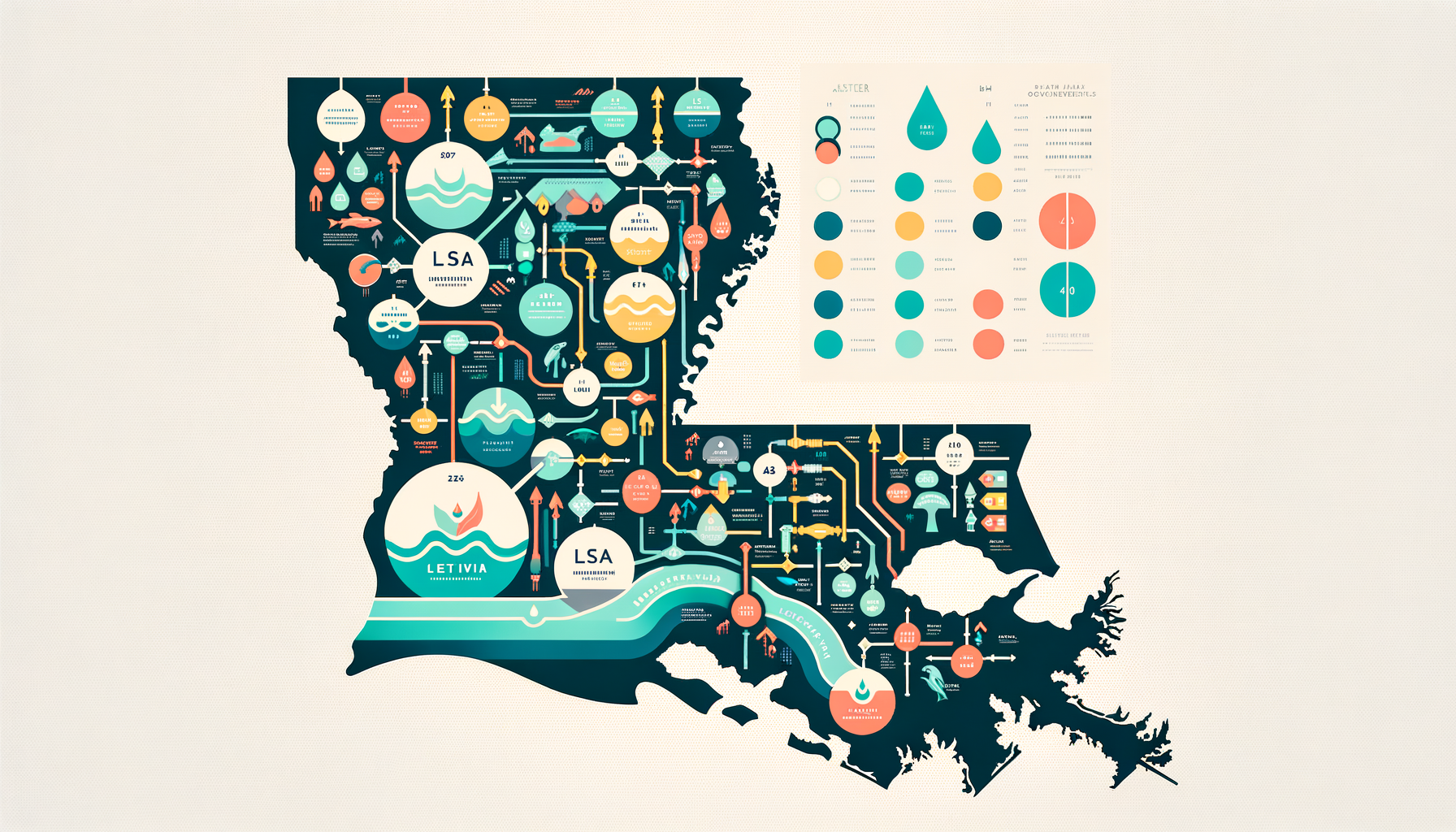 A clean, modern, text-free infographic map of Louisiana, highlighting major water sources and regions with water quality concerns. No text overlays.