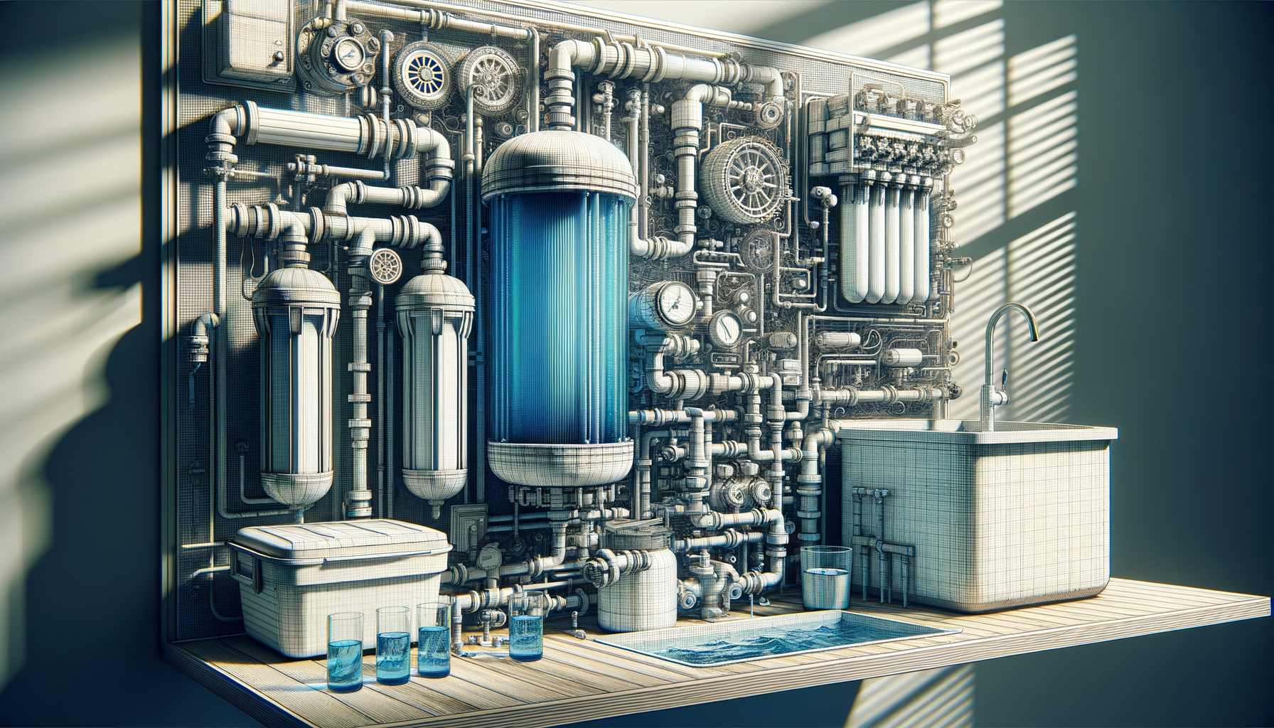 A detailed, photo-realistic shot of a modern water filtration system in a West Virgina home, showcasing advanced water treatment technology, no text.