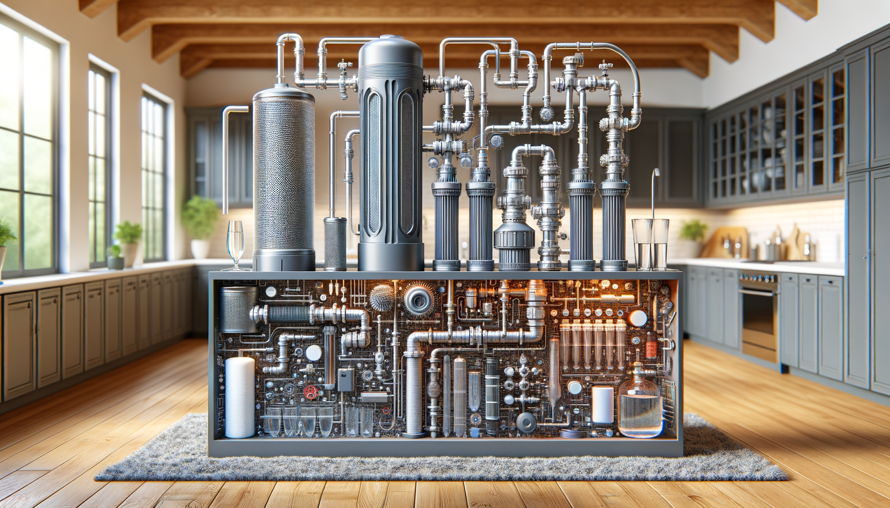 A detailed, photo-realistic shot of a modern water filtration system in a Louisiana home, showcasing advanced water treatment technology, no text.
