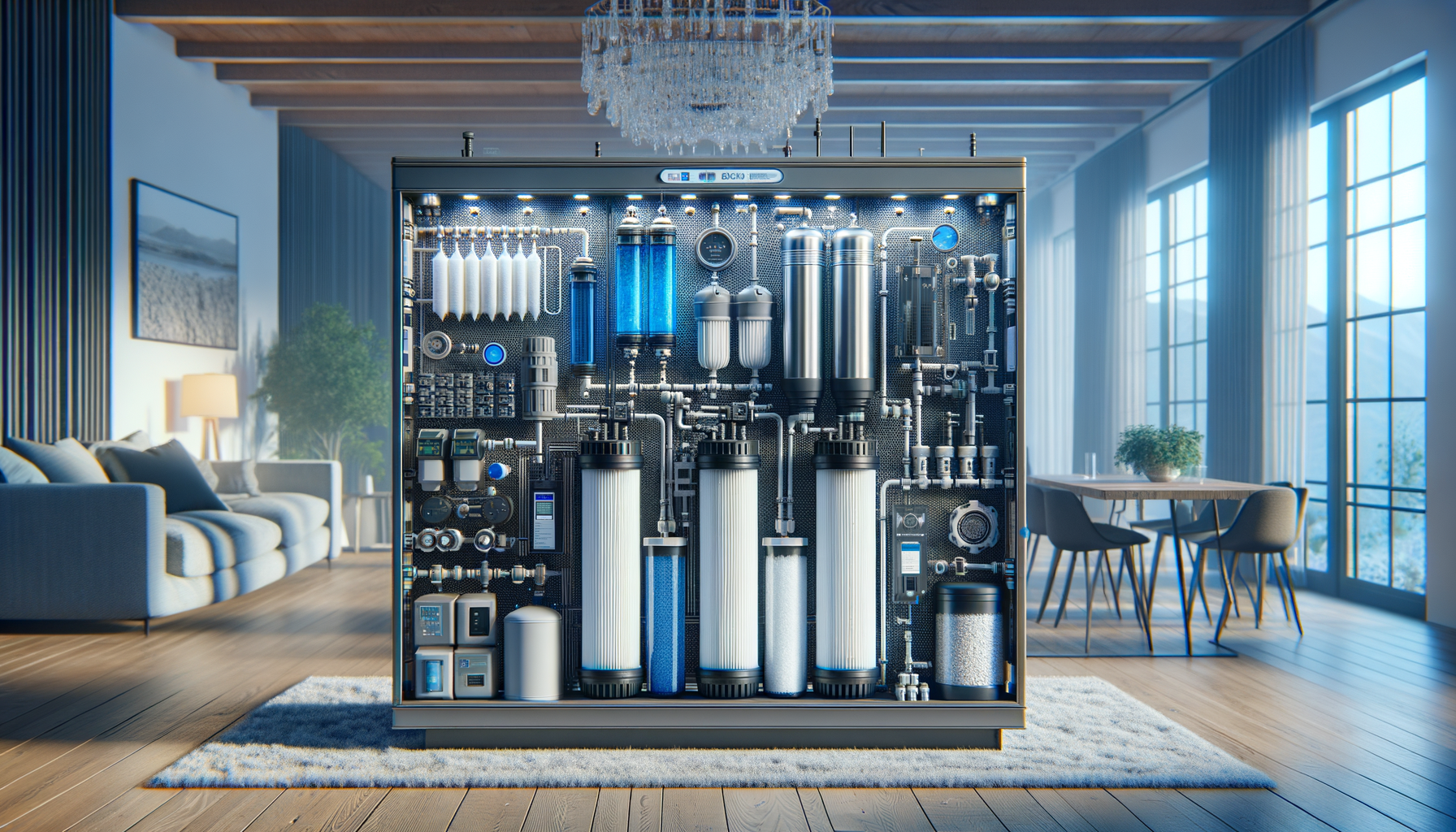 A detailed, photo-realistic shot of a modern water filtration system in a Massachusetts home, showcasing advanced water treatment technology, no text.