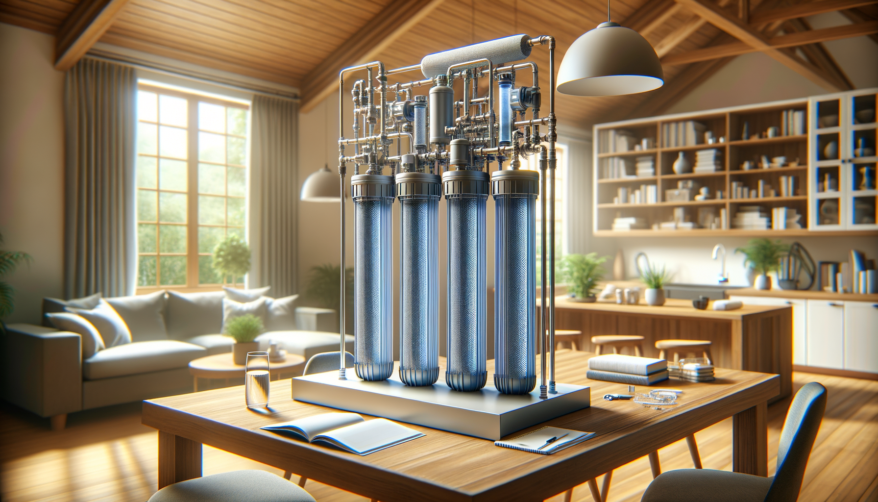 A detailed, photo-realistic shot of a modern water filtration system in a Illinois home, showcasing advanced water treatment technology, no text.