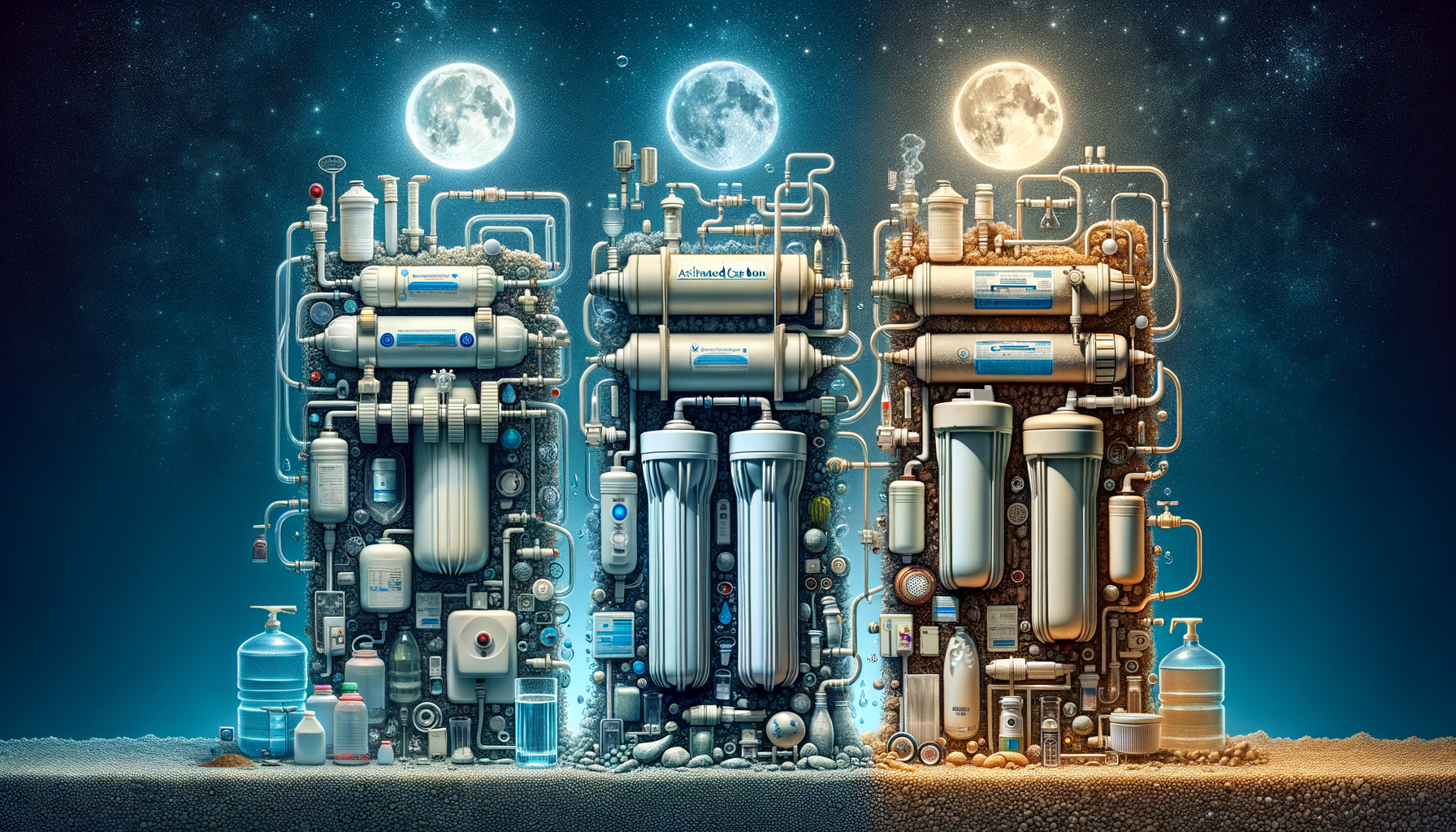 A side-by-side comparison graphic of three water filtration systems effective in Phoenix—reverse osmosis, activated carbon, and whole-house—no text or branding.