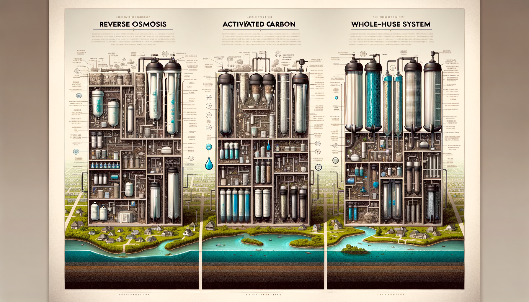 A side-by-side comparison graphic of three water filtration systems effective in Louisiana—reverse osmosis, activated carbon, and whole-house—no text or branding.