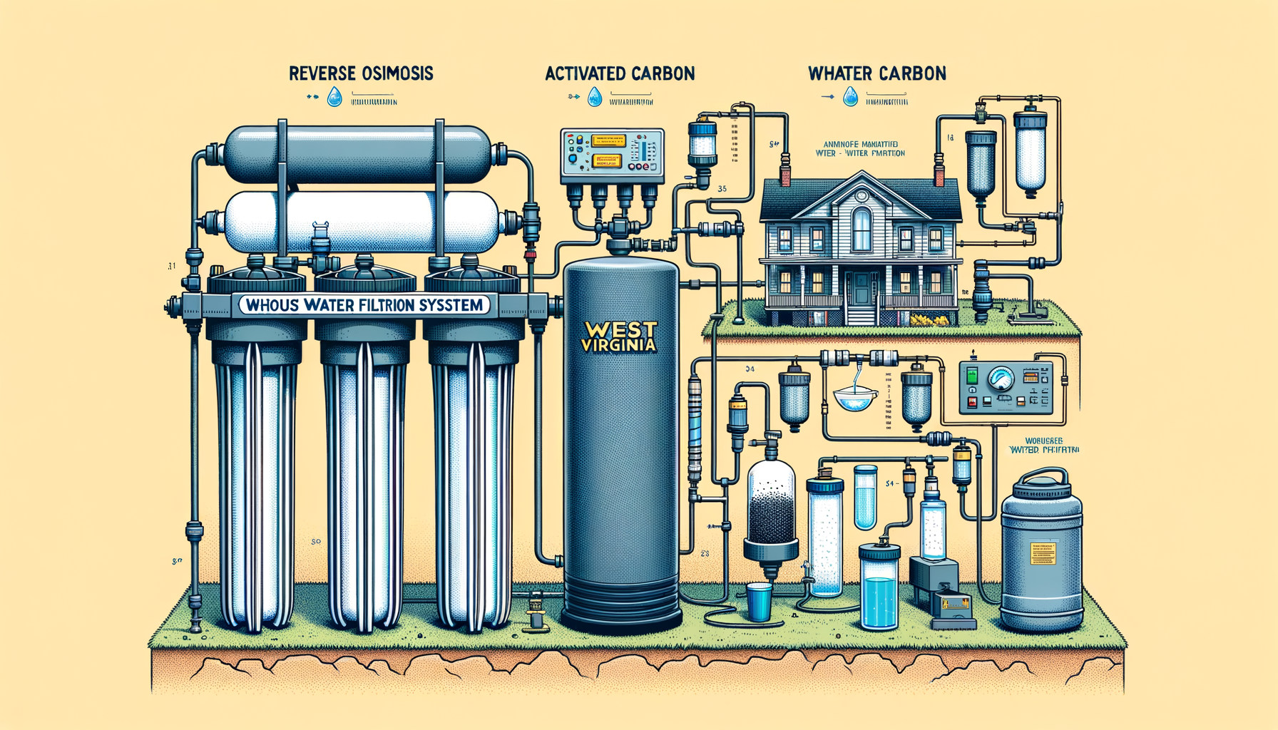 A side-by-side comparison graphic of three water filtration systems effective in West Virgina—reverse osmosis, activated carbon, and whole-house—no text or branding.